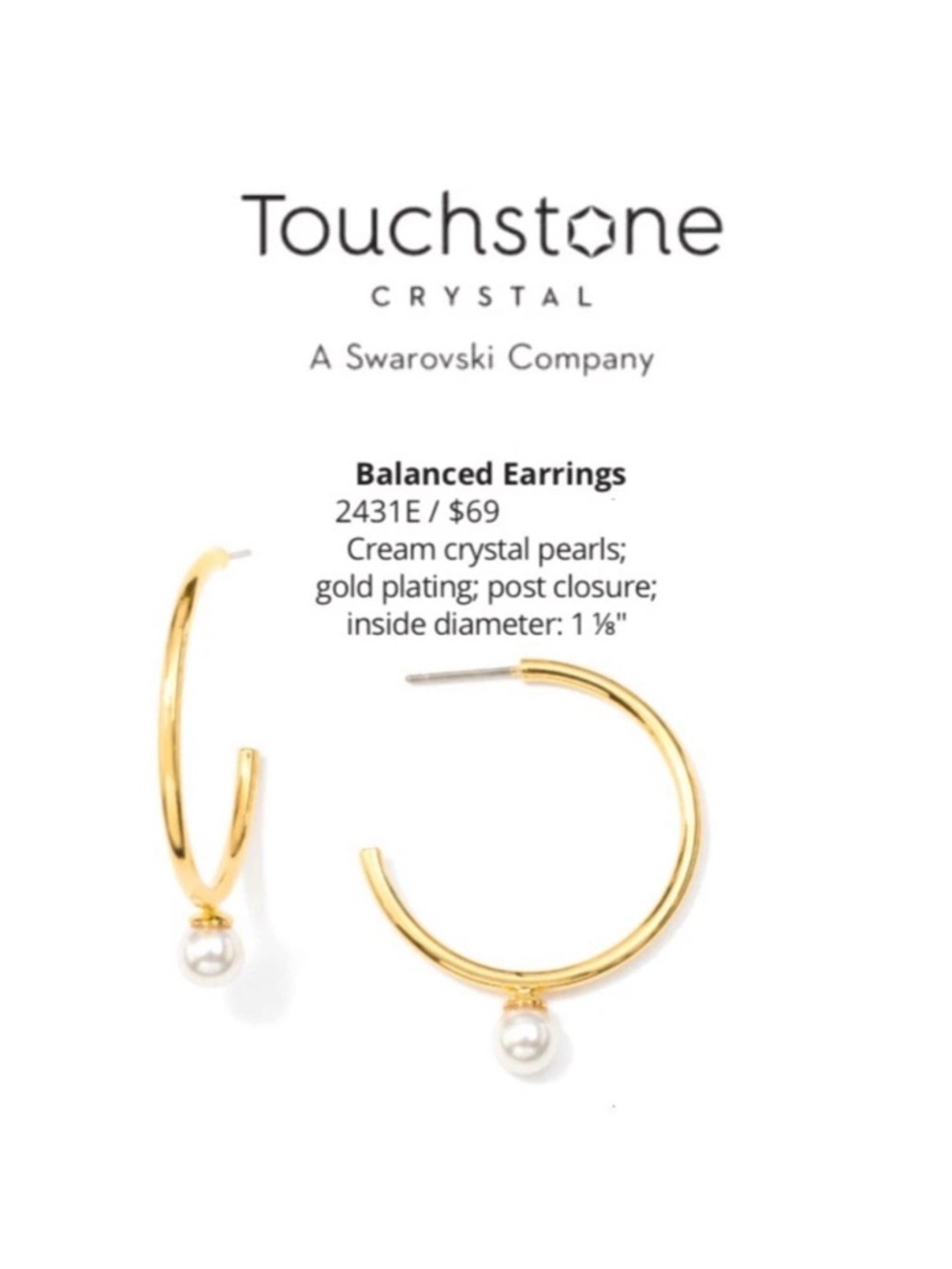 Touchstone Crystal Gold Hoop Earrings with White Pearl Accent
